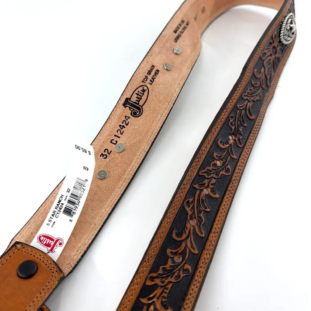 Justin Men's Tan Floral 5 Star Ranch Tooled Western Belt Size 32